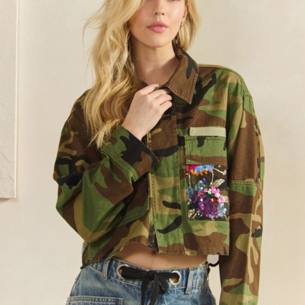 new VEVERET CAMOUFLAGE denim jacket sequin floral back SM-3X embellished camo - Picture 7 of 7